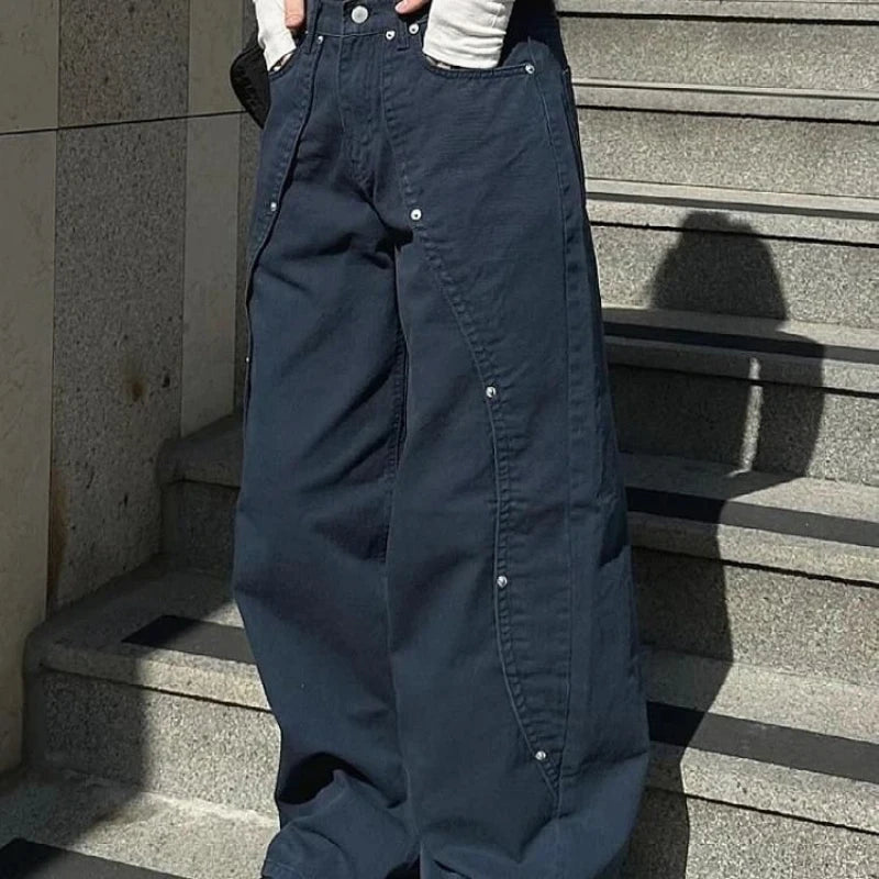 Women's Grommet Waist Black Wide Leg Denim Jeans