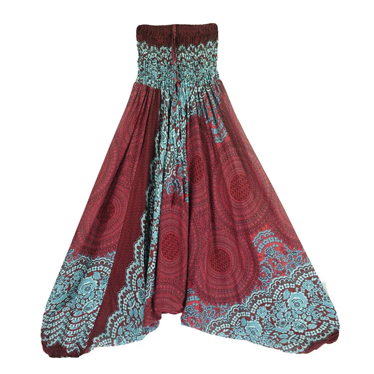 Women's Printed Nylon Harem Pants with Smocked Waist and Convertible Styling
