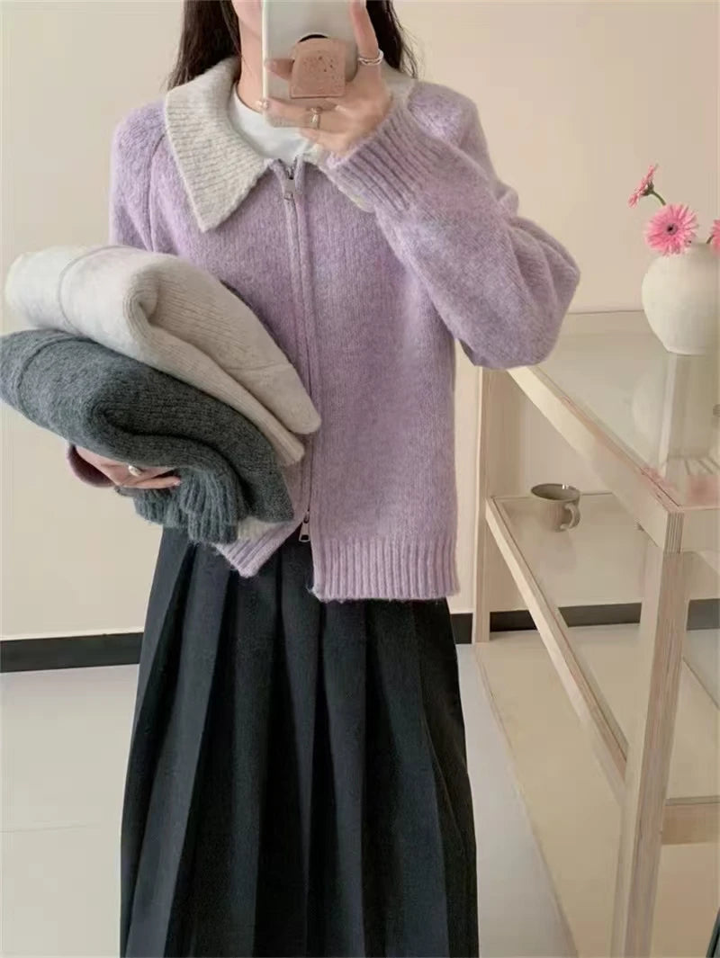 Color-blocked lapel 100% cashmere cardigan women's knitted sweater Loose sweater Wool sweater coat