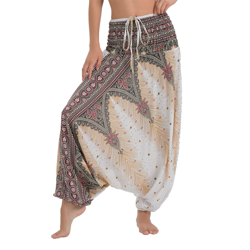 Women's Printed Rayon Harem Pants with Elastic Waist and Convertible Styling