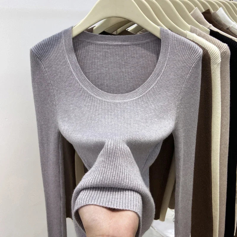 Women's Scoop Neck Ribbed Long Sleeve Sweater Casual Knit Layer