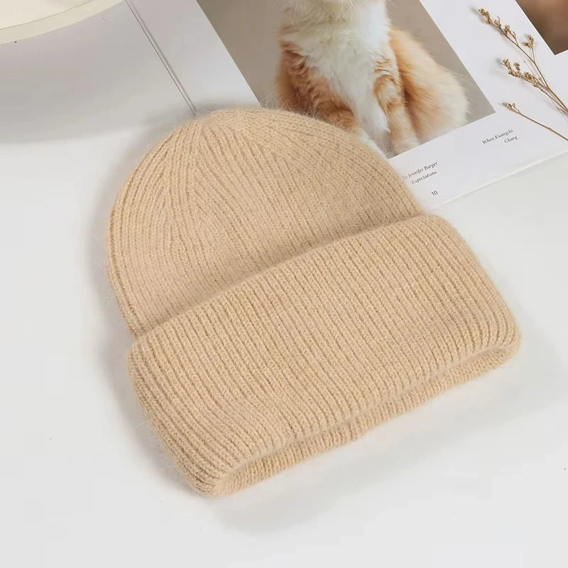 Solid Ribbed Knit Beanie with Wide Folded Cuff