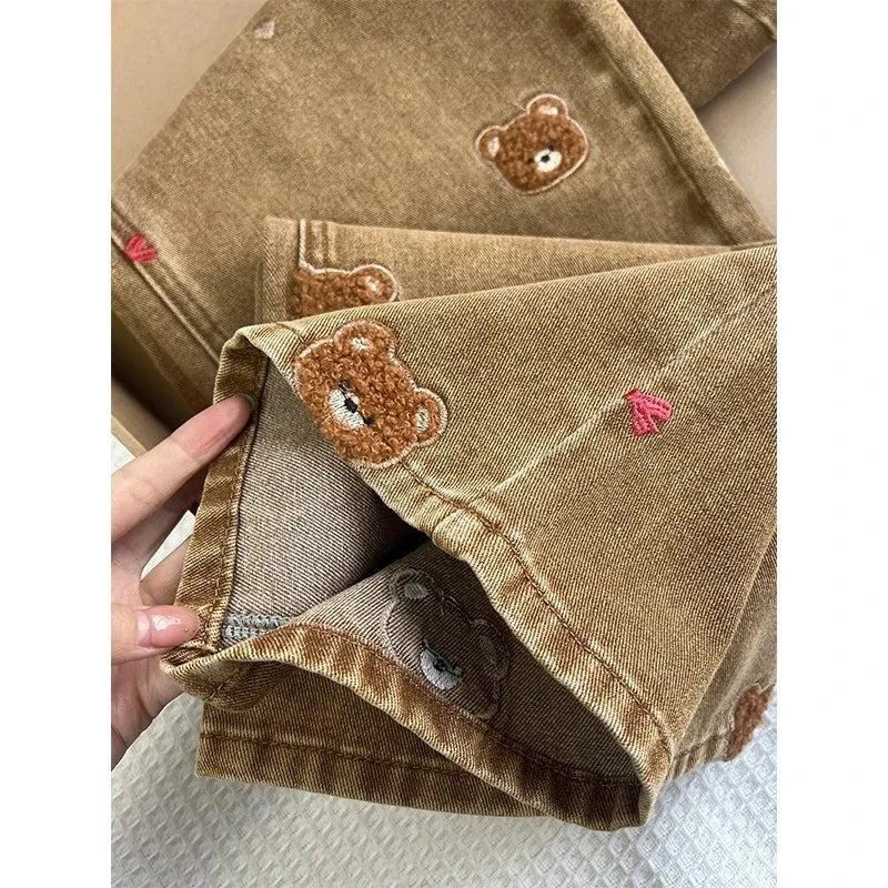 Women's Teddy Embroidered Brown Denim Denim Jeans For Everyday Outfits
