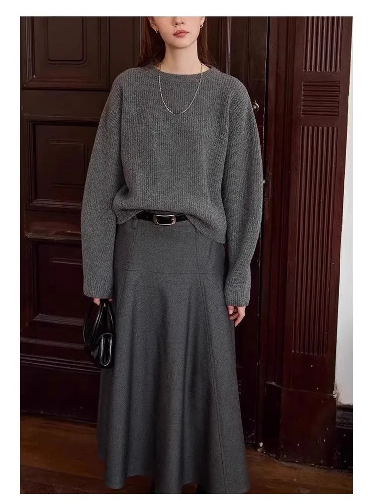 Vintage thick cashmere knitwear women's fall/winter loose shoulder crew neck sweater base sweater