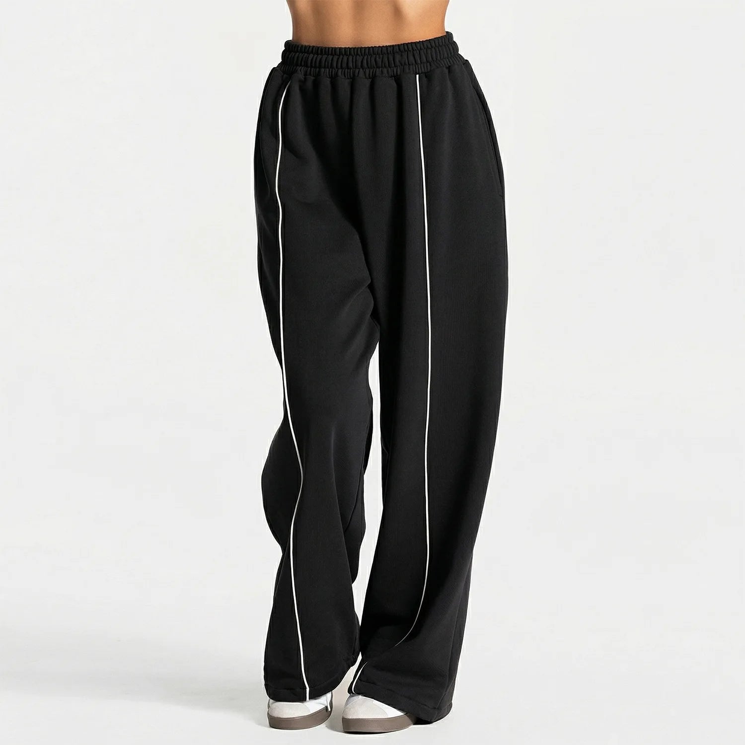 Women's Wide Leg Workout Pants with Double Waistband and Contrast Piping