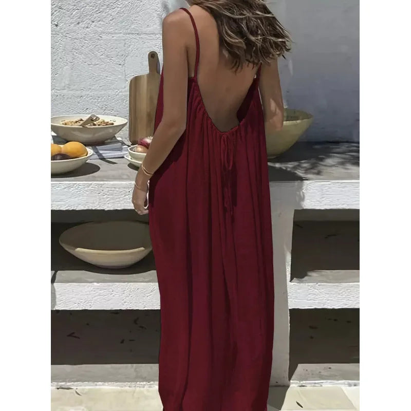 Women's Loose V Neck Spaghetti Strap Maxi Dress For Casual Outfits