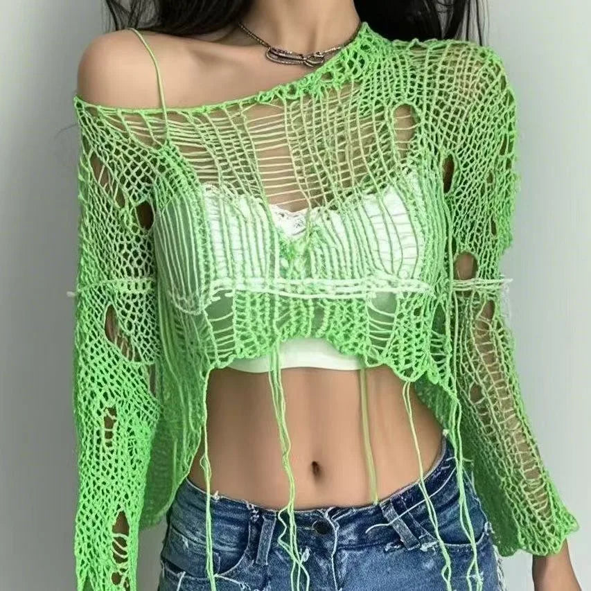 Women's Cotton-Polyester Hollow-Out Cropped Long-Sleeve Loose Knit Pullover Sweater for Layered Outfits