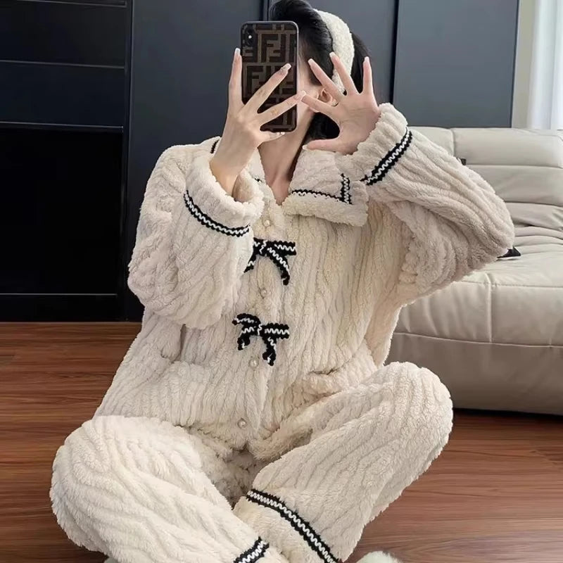 Women's Bow Fastened Long Sleeve Pajama Set with Top and Pants
