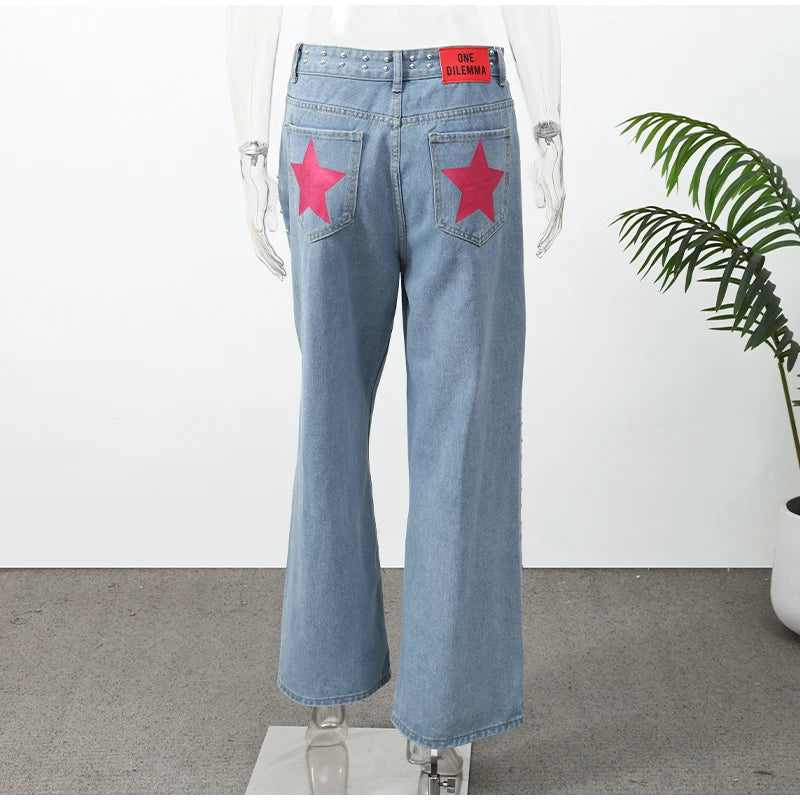Women's Star Graphic Back Wide Leg Denim Jeans