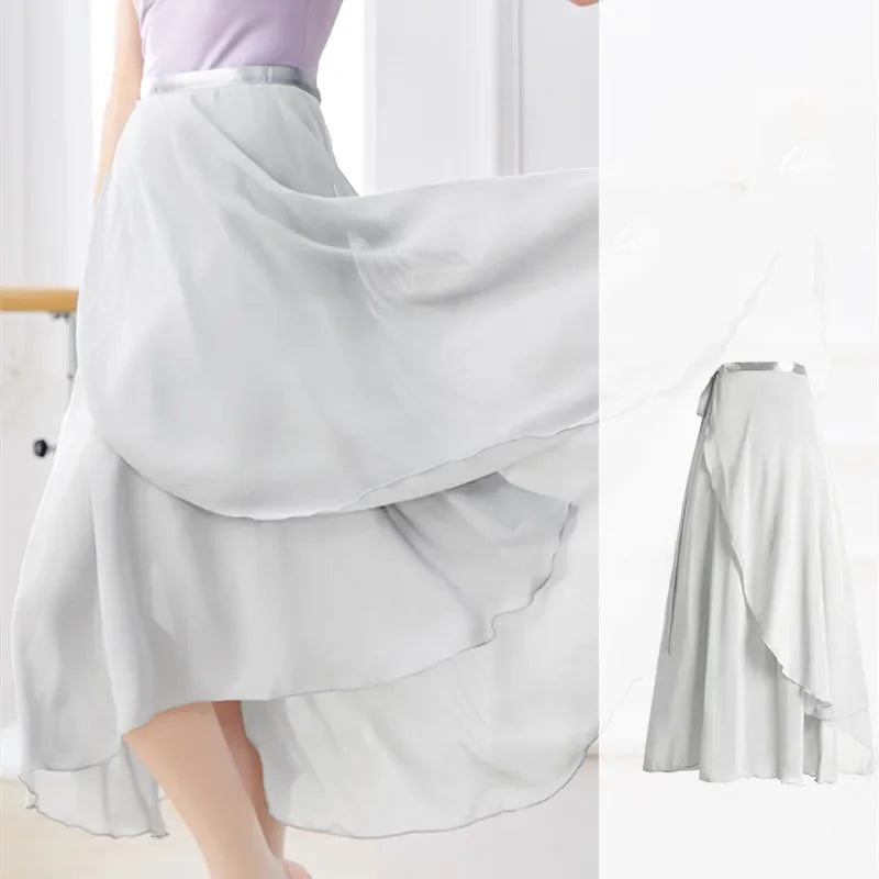 Women's Long Ballet Wrap Skirt with Flowing Hem and Tie Waist