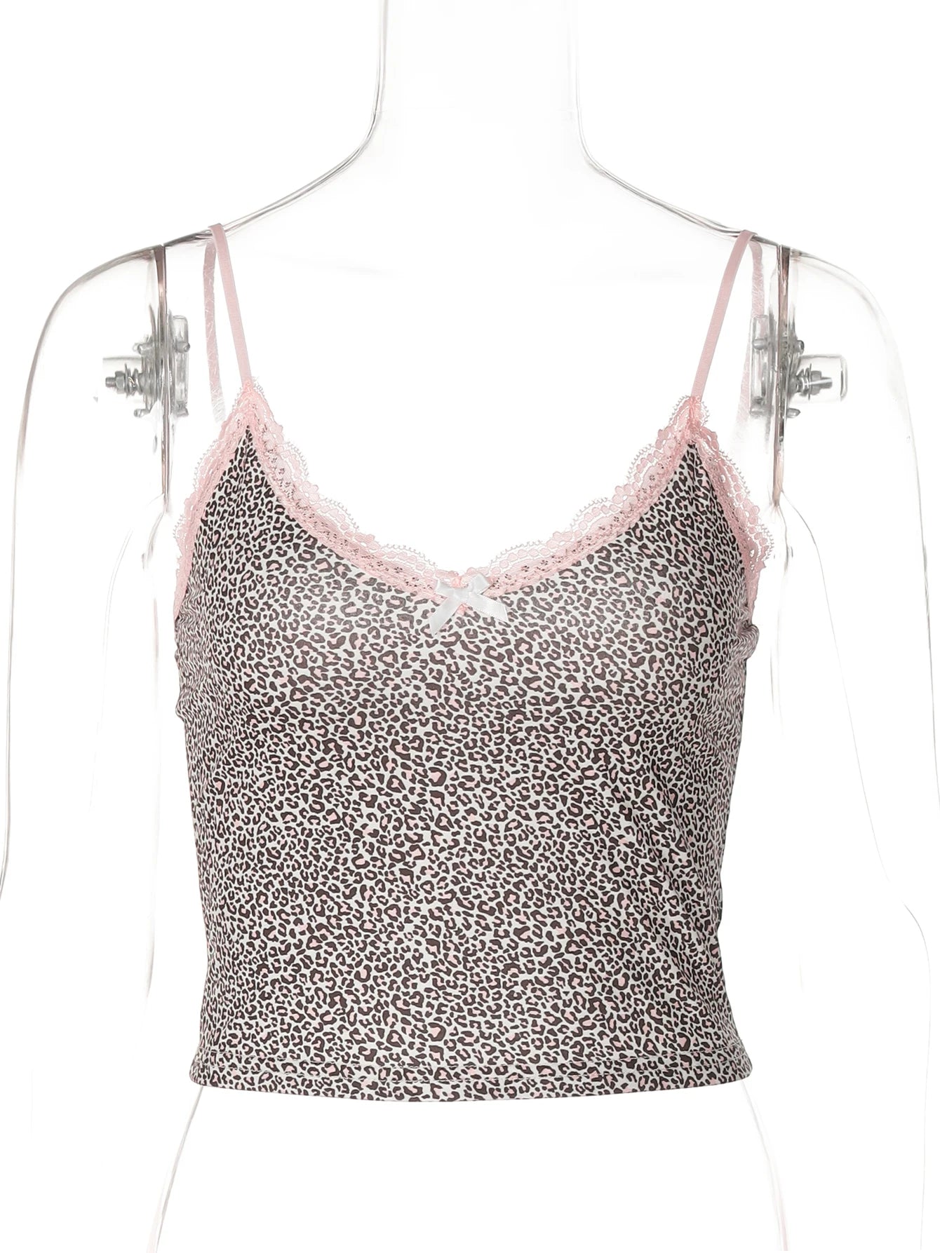 Women's Leopard Print Crop Top with Lace Trim and Bow Detailing