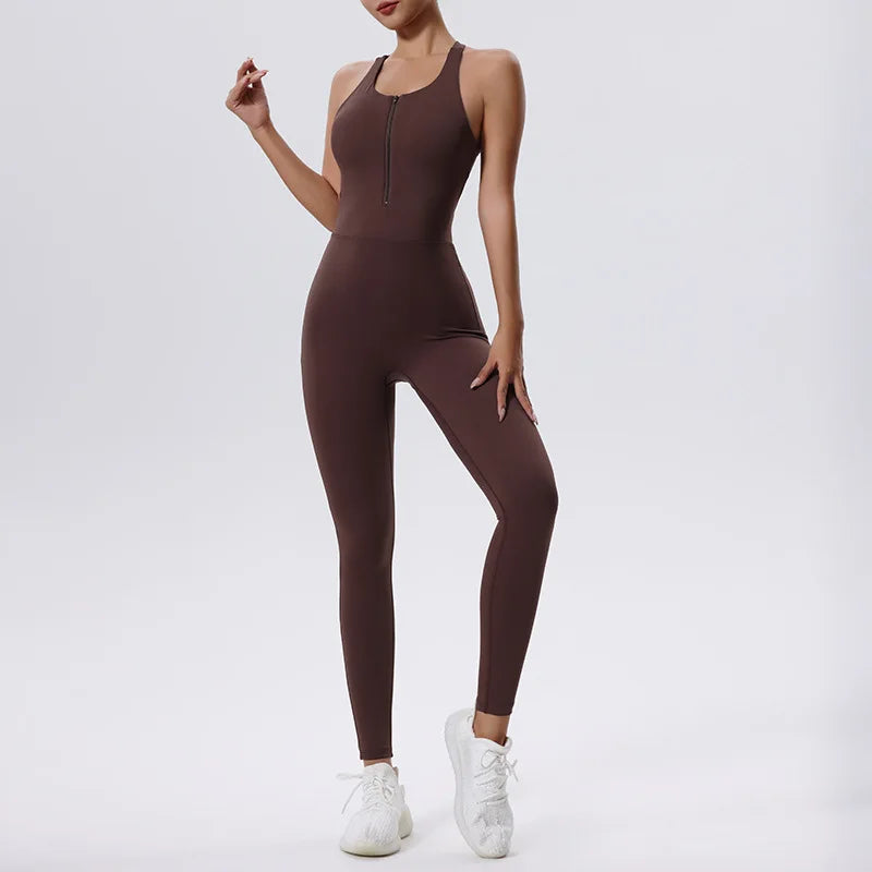 Women's Sleeveless Nylon Blend Workout Jumpsuit with Front Zip and Back Cutout