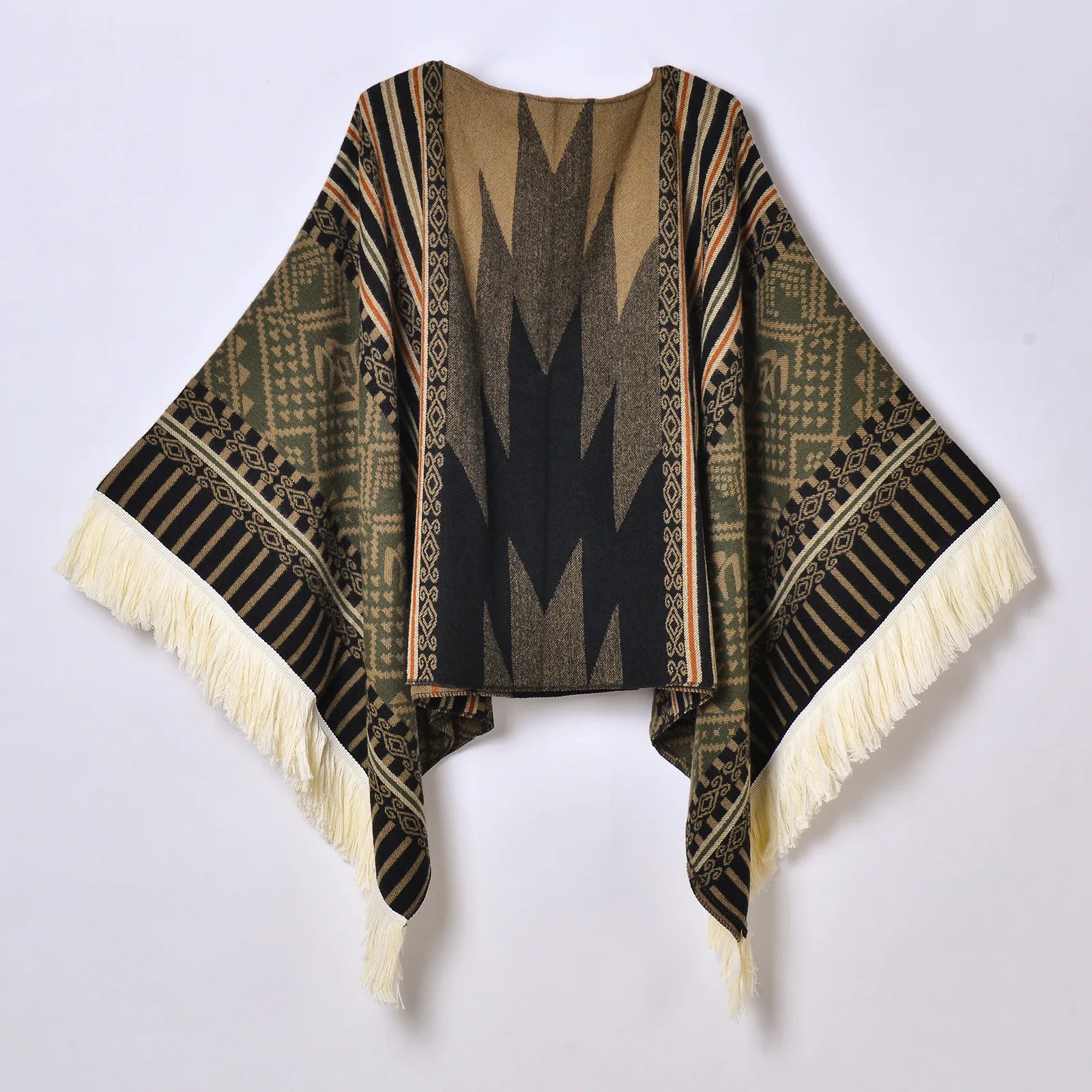 Geometric Pattern Fringe Poncho for Layering over Outfits