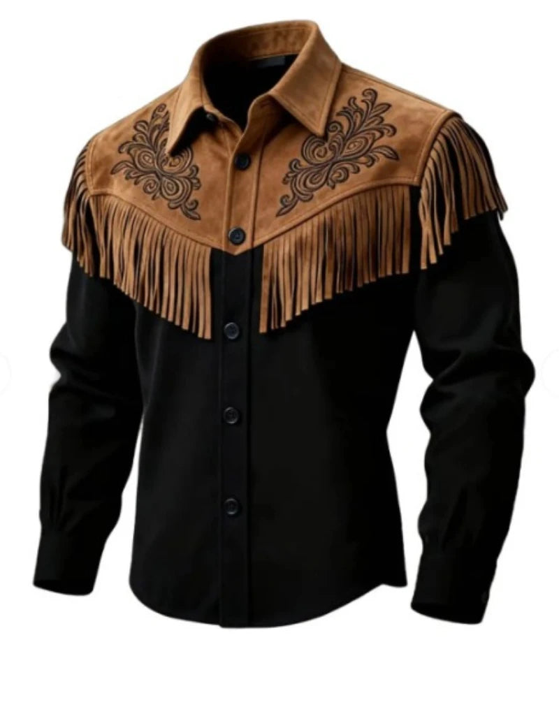 Men's Suede-Look Fringed Button-Front Long-Sleeve Jacket