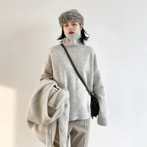Women's Oversized Roll Neck Long Sleeve Sweater Casual Knit Layer