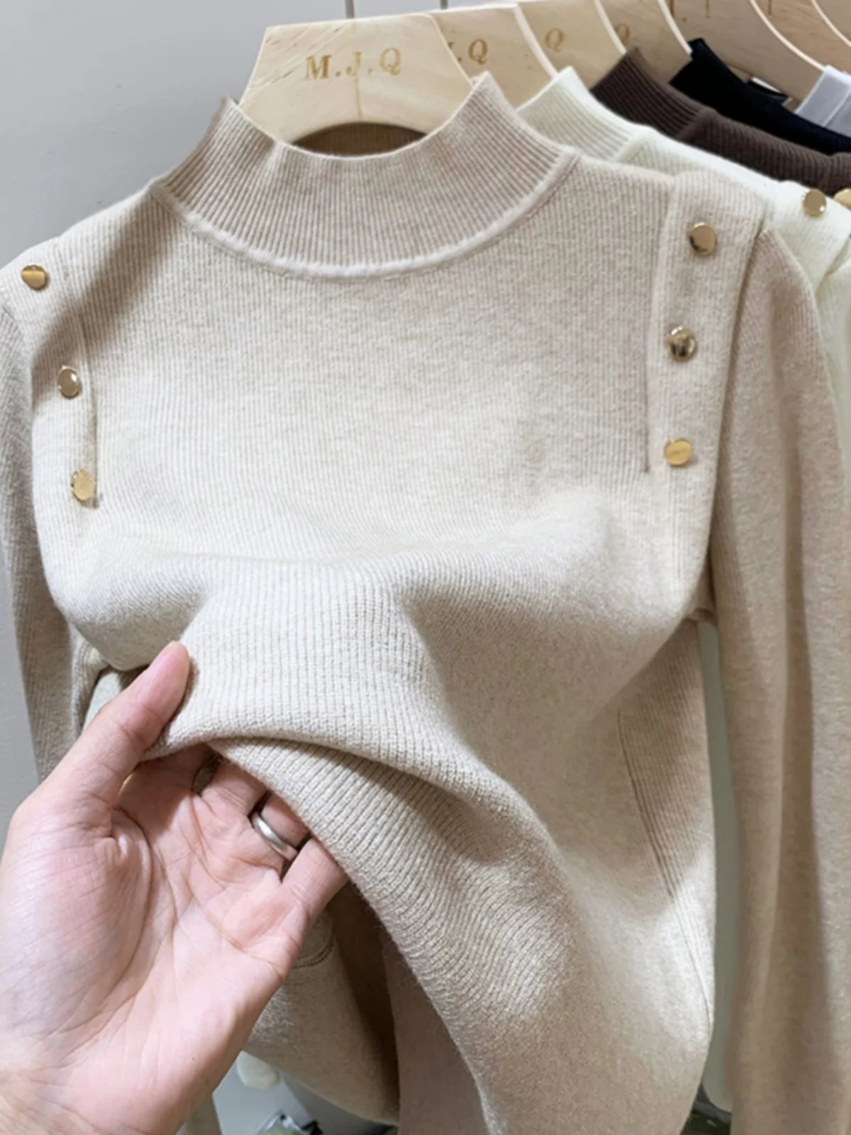 Women's Turtleneck Shoulder Button Sweater Casual Knit Layer