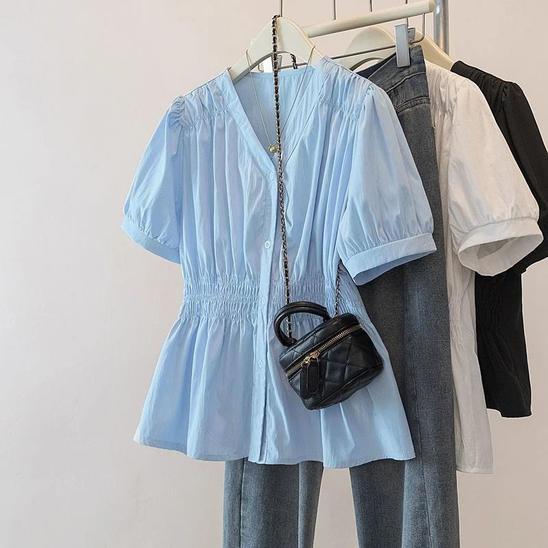 Women's Smocked Waist V Neck Button Front Blouse