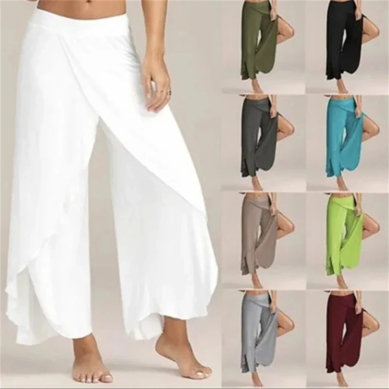 Women's Side Split Polyester Rayon Palazzo Pants with Flowing Wide Legs