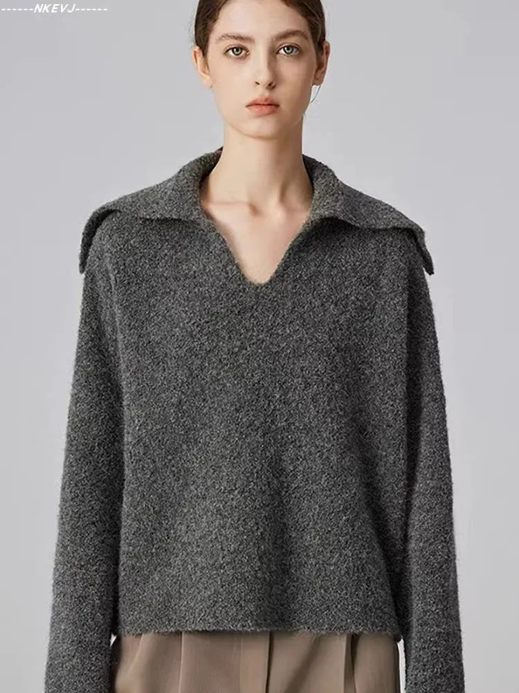 Autumn and winter new 100 cashmere sweater women's retro loose knit sweater V-neck long sleeve woolen base shirt