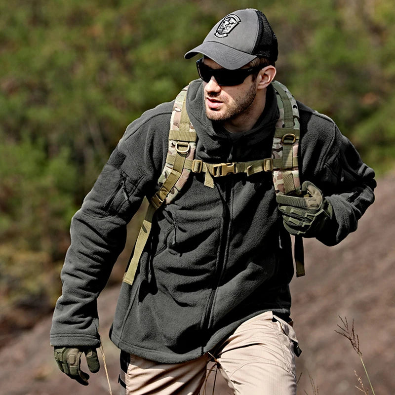 Men's Warm Tactical Fleece Jacket Zip Up Thicken Polar Hoodie Winter Outdoor Sport Hiking Hooded Coat Multi-Pocket