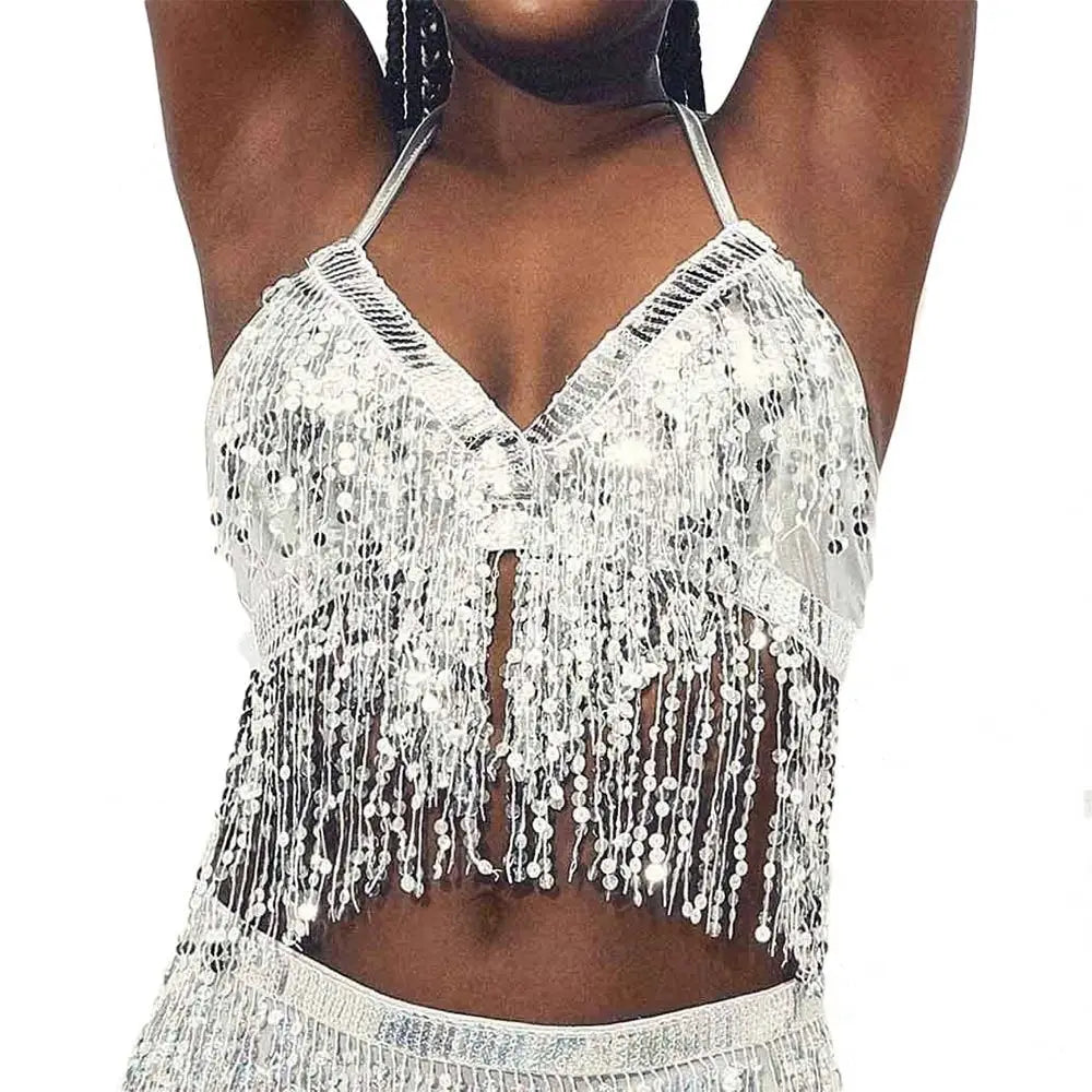 Women's Sequin Fringe Halter Crop Top for Belly Dance Outfits