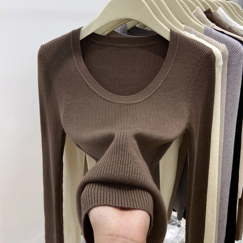 Women's Scoop Neck Ribbed Long Sleeve Sweater Casual Knit Layer