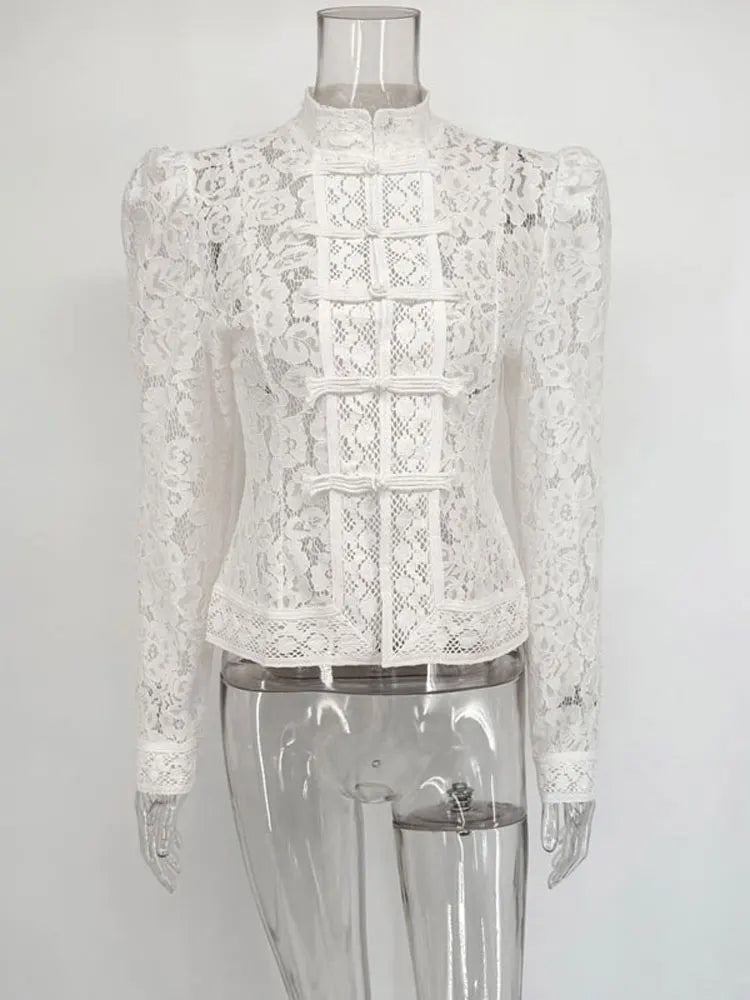 Women's Floral Lace High Neck Long Sleeve Blouse