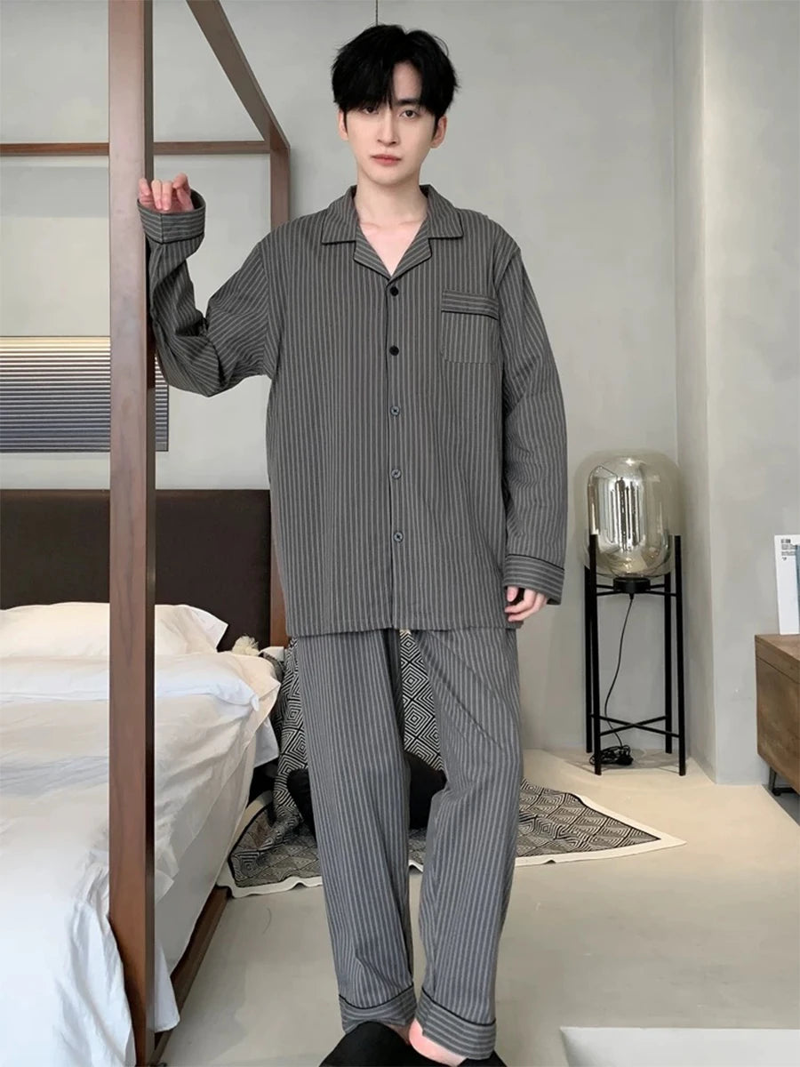 Men's Printed Button Front Long Sleeve Shirt and Pants Pajama Set