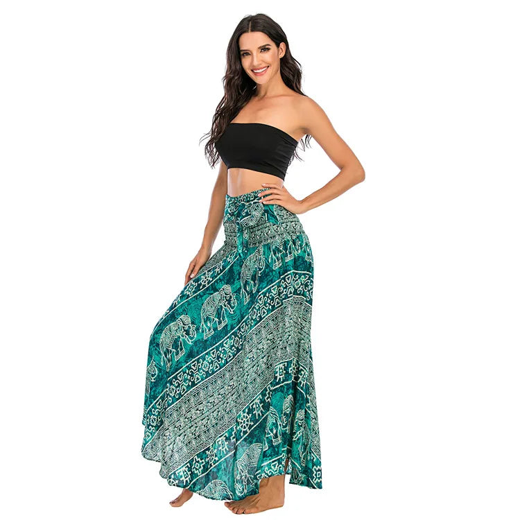 Women's Printed Nylon Harem Pants with Smocked Waist and Convertible Styling