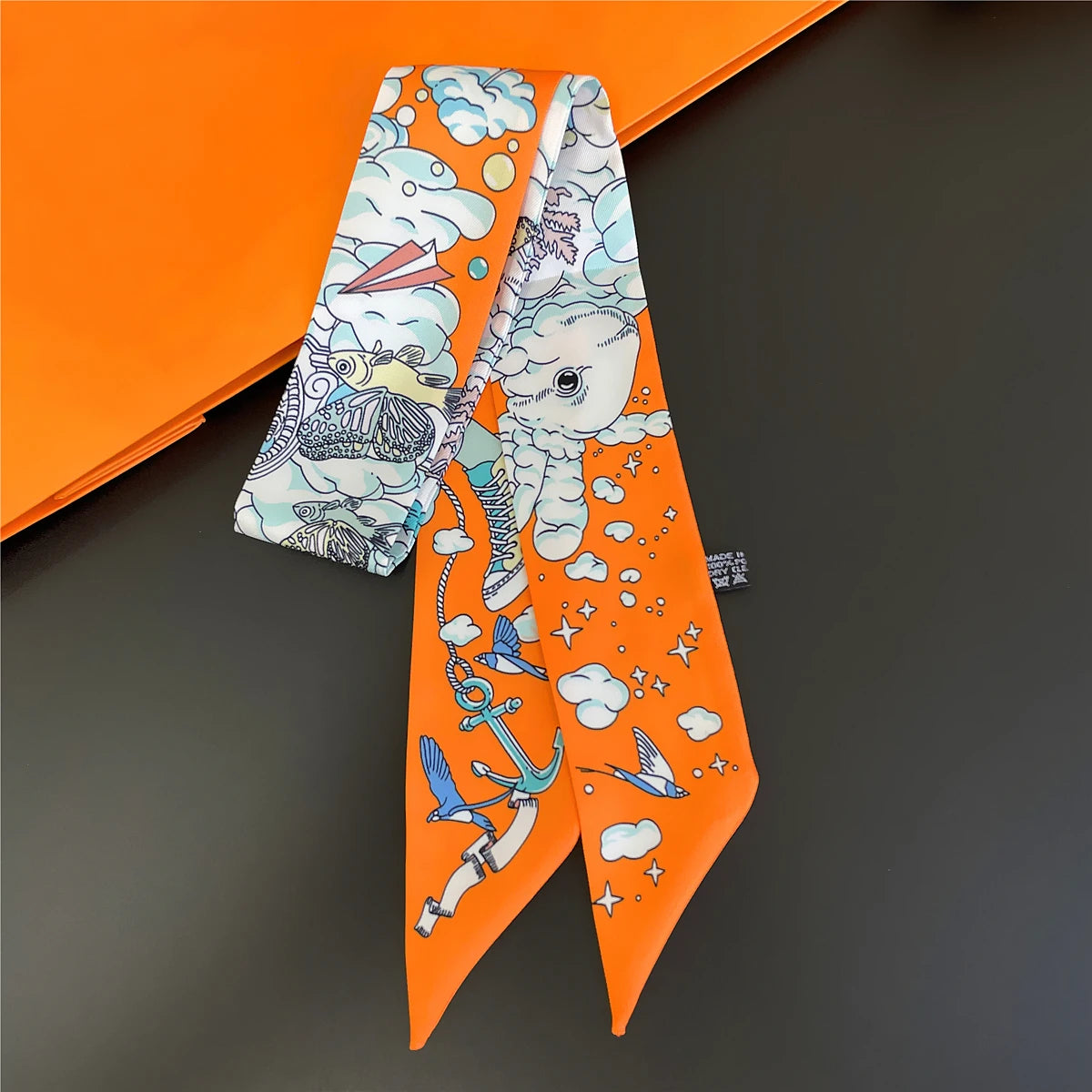Colorful Printed Skinny Ribbon Scarf with Tie Ends