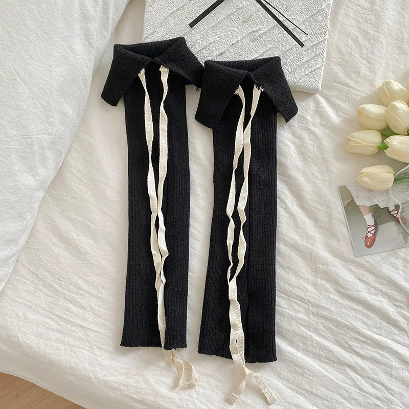 Solid Calf Leg Warmers with Decorative Ribbon Tie Details