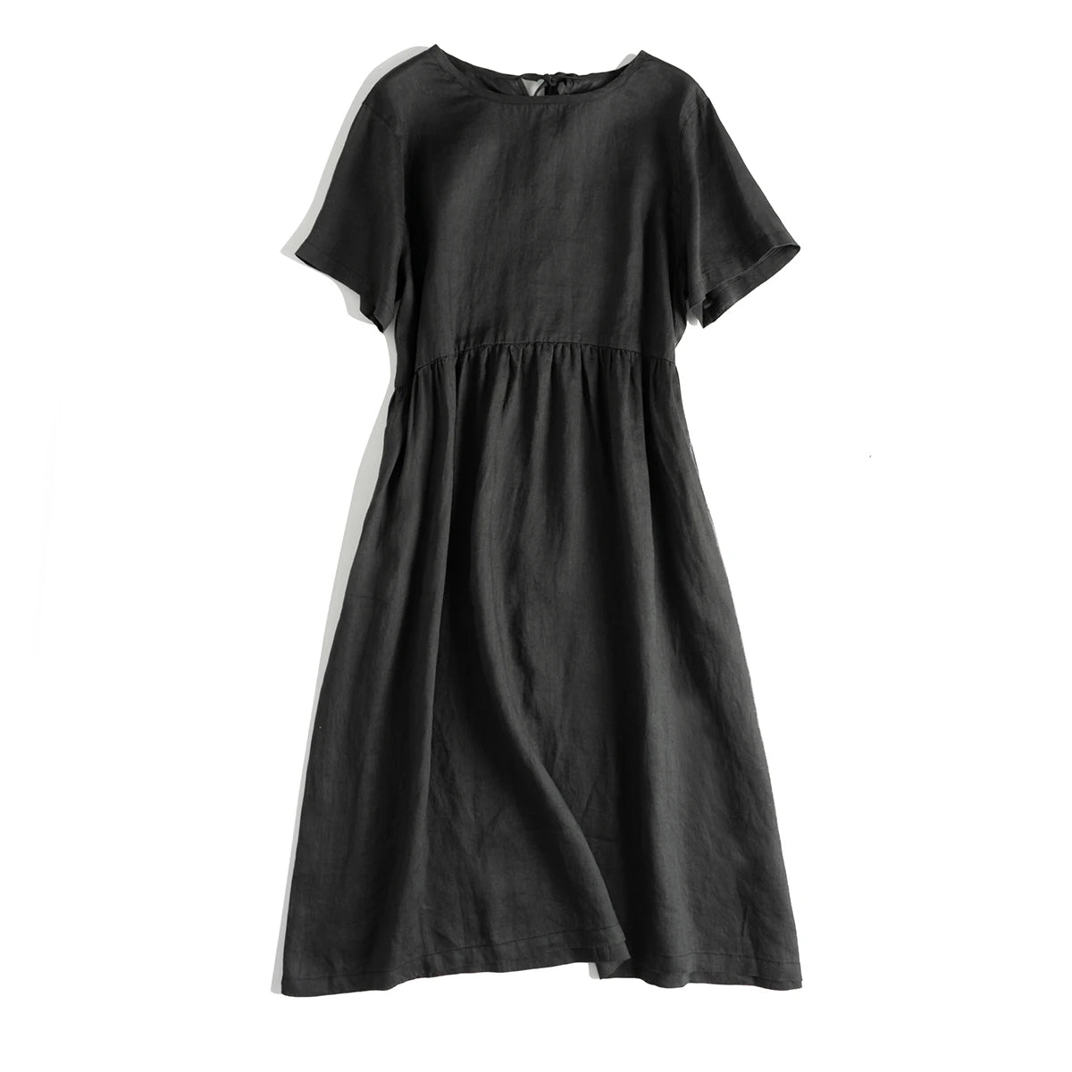Women's Cotton-Linen Round-Neck Short-Sleeve Loose A-Line Midi Dress with Pockets for Summer