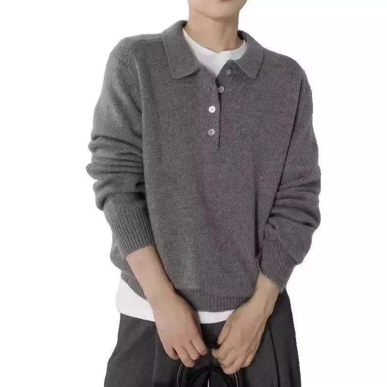 Elegant POLO semi-open neck 100%wool knitted sweater women loose long-sleeved base sweater autumn and winter