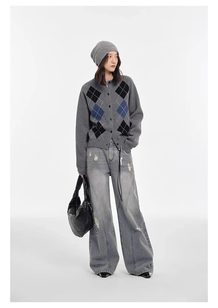 Autumn diamond-shaped cardigan women 100 pure cashmere sweater European high-end color-blocking knitted sweater coat