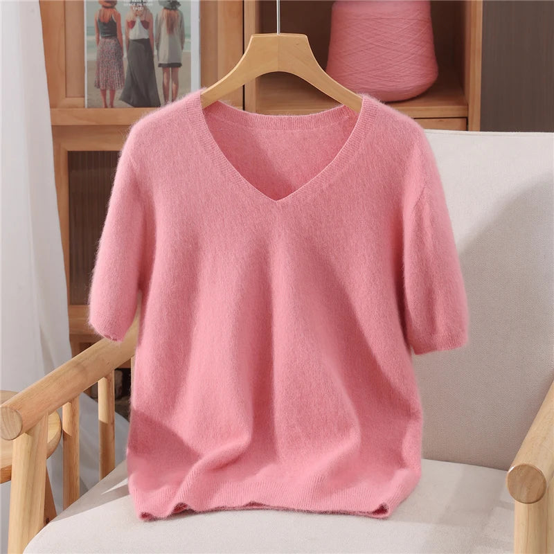 Women's V Neck Short Sleeve Sweater Casual Knit Layer