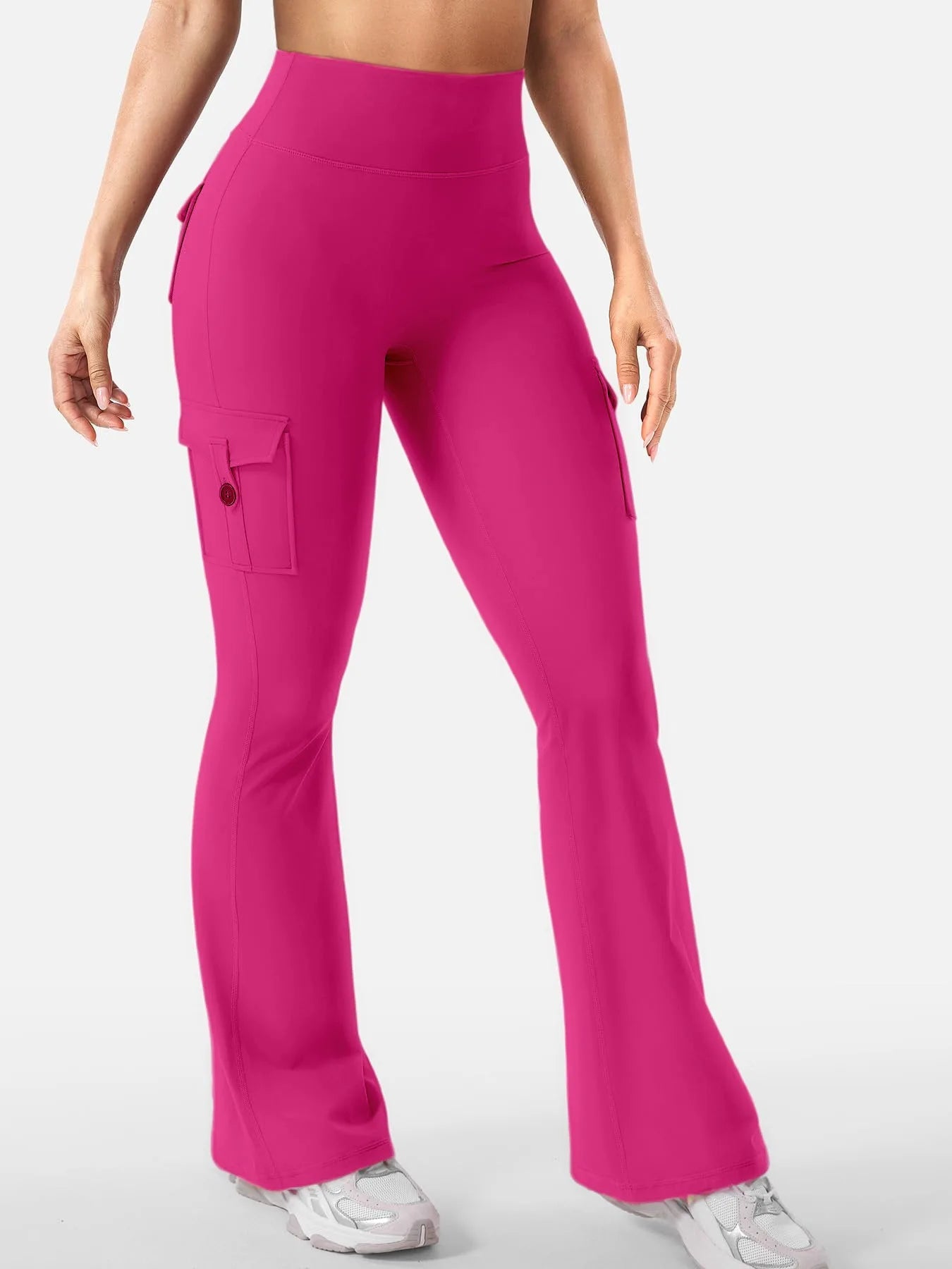 Women's High Waist Polyester Flared Pants with Cargo Style Thigh Pockets