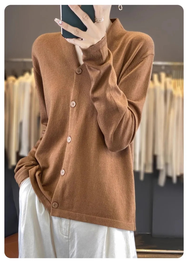 Light luxury retro style! V-neck pure cashmere knit cardigan women's autumn and winter loose wool top bottom sweater coat