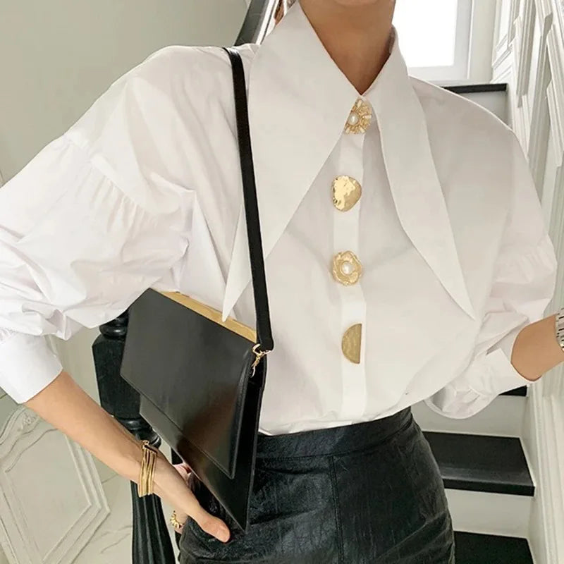 Women's Cropped Puff Sleeve Statement Button Blouse