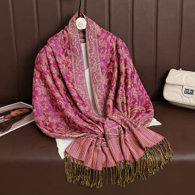 Paisley Floral Print Long Scarf with Fringed Ends