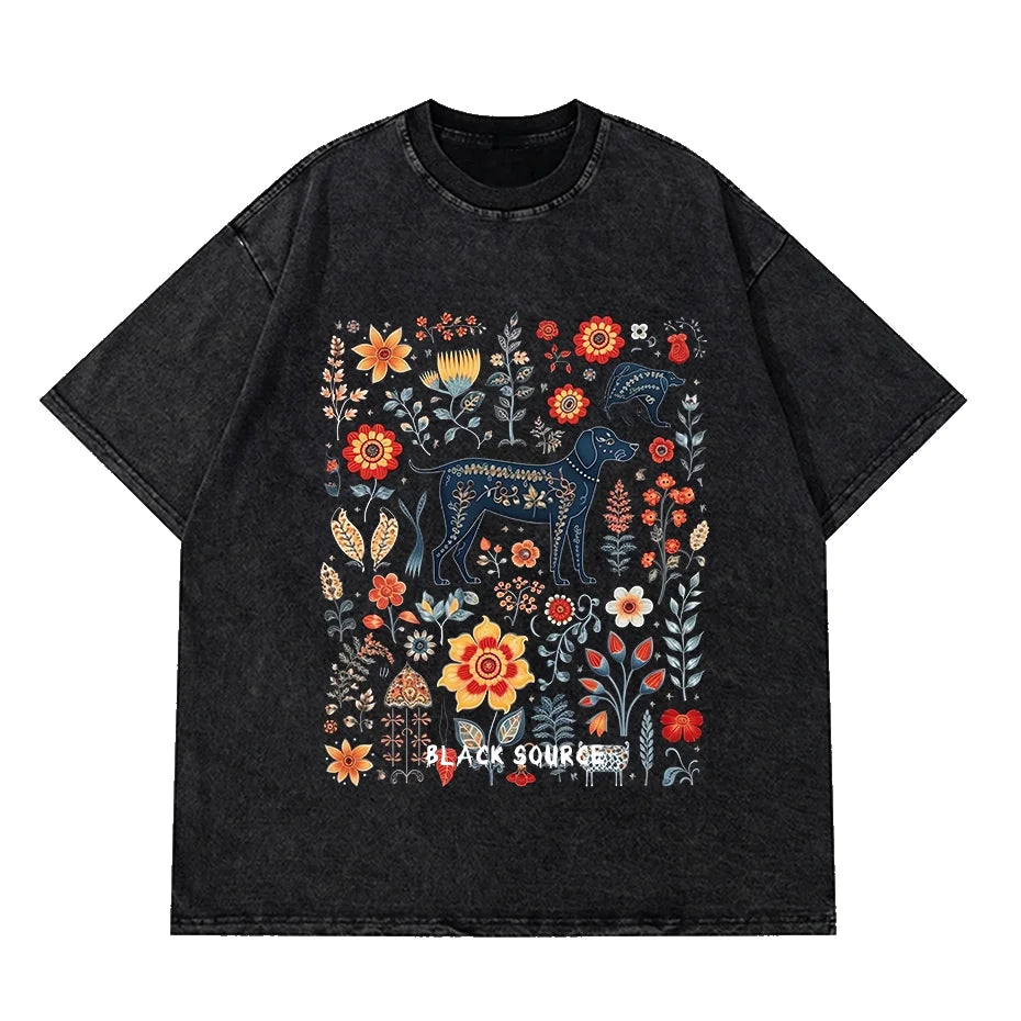 Gothic Dog Letter Print Vintage Washed Oversized T-Shirt