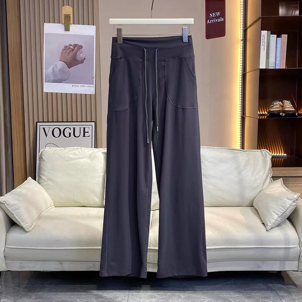 Women's Drawstring Waist Nylon Blend Wide Leg Pants with Side Pockets