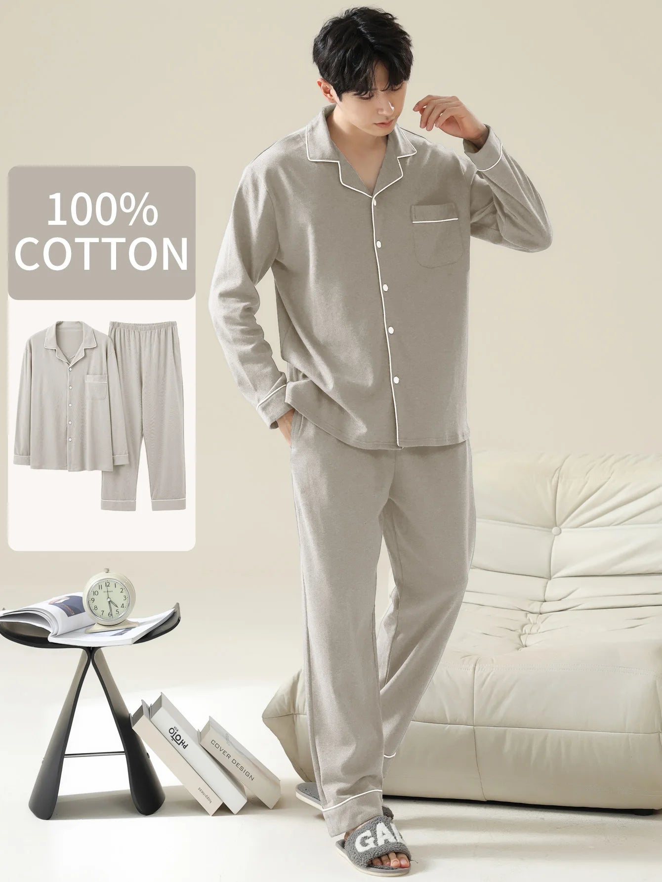 Men's Button Front Long Sleeve Pajama Set for Home Wear
