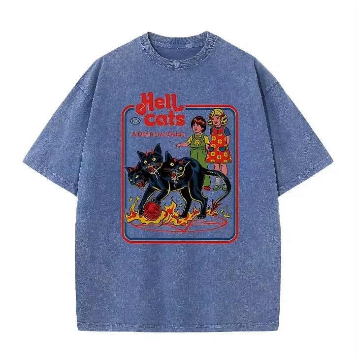 Purple Acid Wash Hell Cats Graphic Casual Retro Streetwear Tee