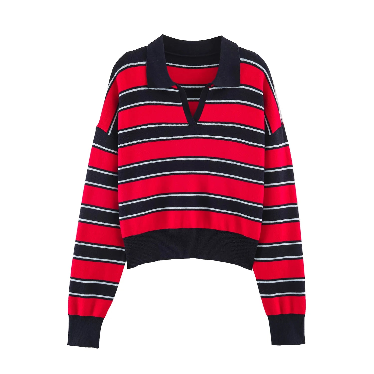 Women's Striped Polo Collar Loose Fit Sweater Casual Knit Layer