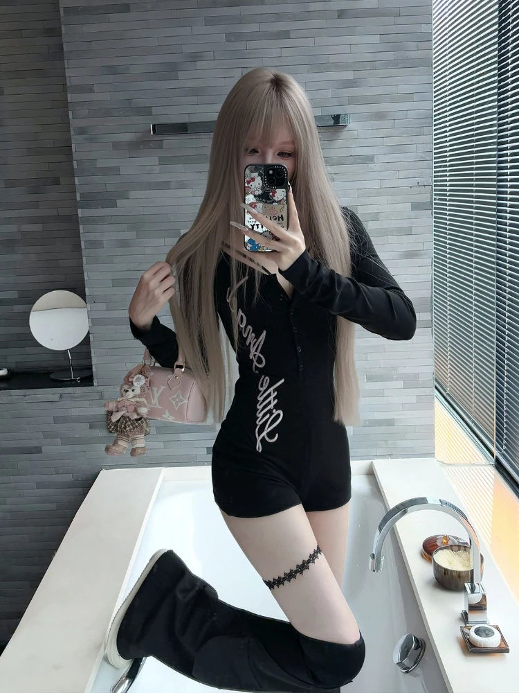 Women's Long Sleeve Letter Print Polyester Romper with Fitted Short Legs