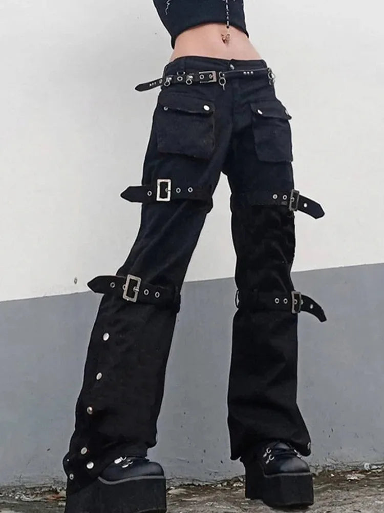 Women's Black Cargo Pants with Metal Buttons and Side Straps