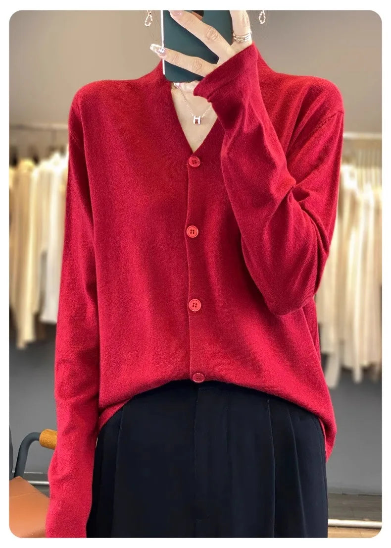 Light luxury retro style! V-neck pure cashmere knit cardigan women's autumn and winter loose wool top bottom sweater coat
