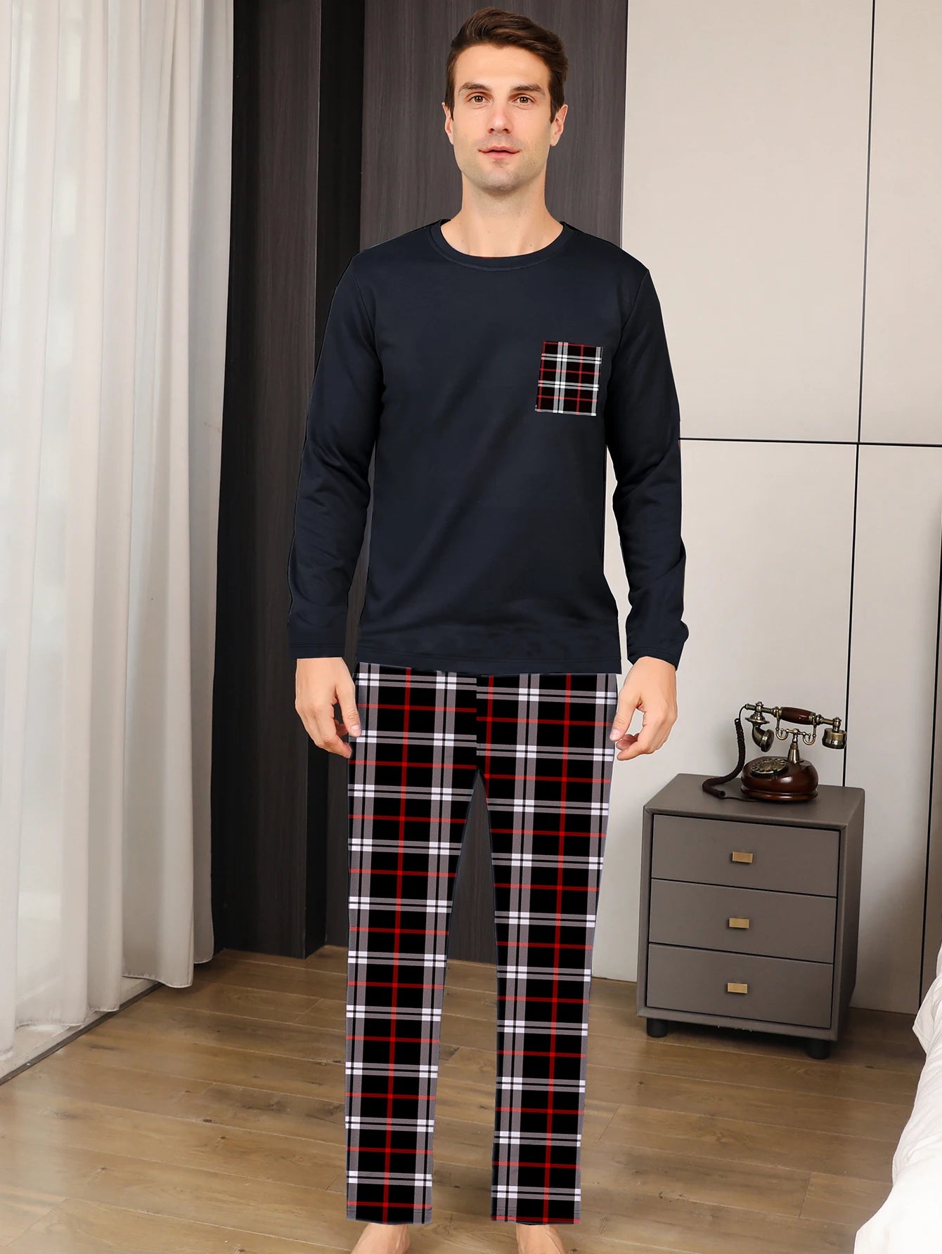 Men's Long Sleeve Pocket Top and Plaid Pants Pajama Set