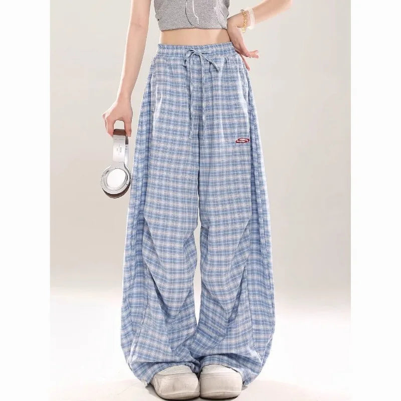 Women's Blue Check Pants with Drawstring Waist and Wide Legs