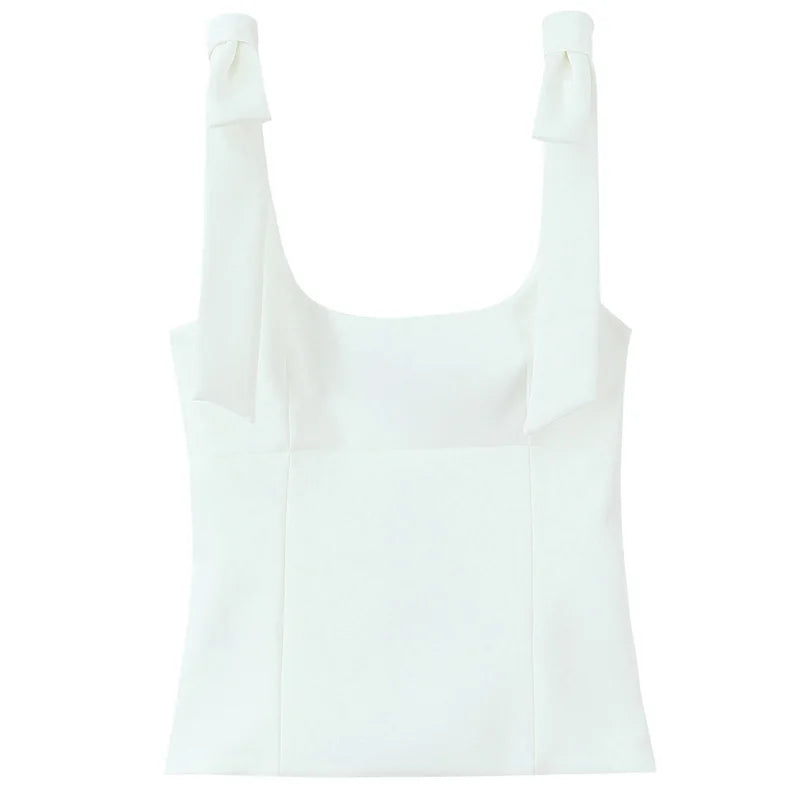 Women's Square Neck Polyester Camisole with Bow Tie Shoulder Straps
